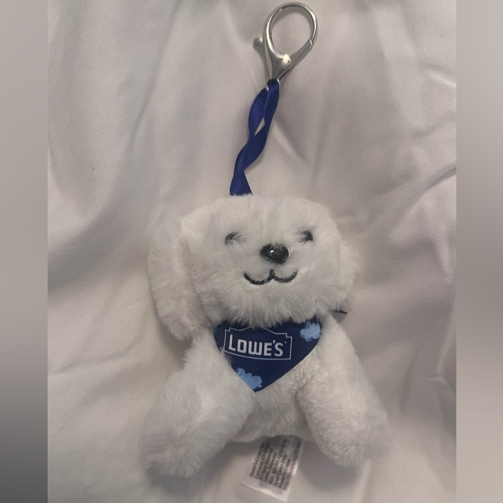 Lowe's White Plush Puppy Keychain with Blue Bandana